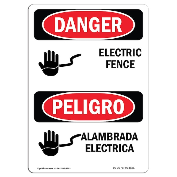 Safety Sign, OSHA Danger, 5" Height, Electric Fence Bilingual Spanish, 10PK